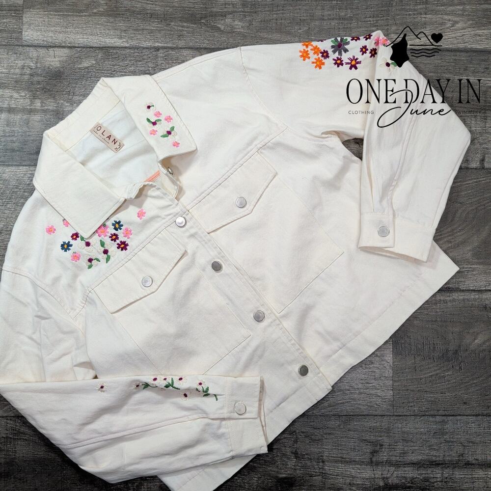 Dolan Anthropologie Floral Embroidered Denim Jacket Cream Size XL